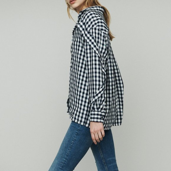 Maje Ruffled-Trim Checked Woven Shirt In Carreaux / Size 1 / Small Blouse - Picture 1 of 11